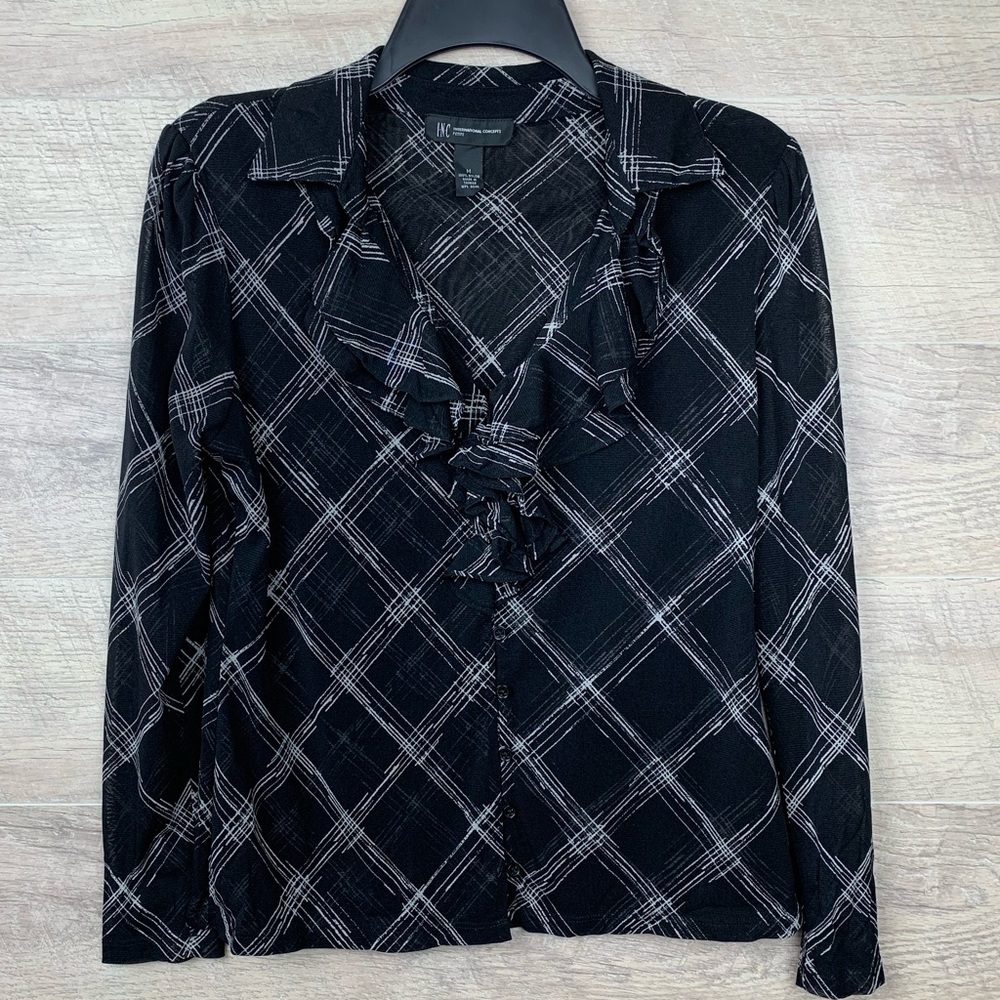 Petite Black Sheer Button Down With Ruffle Detail